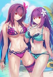  2girls aora bare_shoulders beach bikini black_bikini blue_sky bracelet breasts bridal_garter cleavage collarbone fate/grand_order fate_(series) flower glasses green_bikini hair_between_eyes hair_flower hair_ornament hibiscus highres jewelry large_breasts long_hair long_sleeves looking_at_viewer multiple_girls navel open_clothes open_shirt purple_bikini purple_hair red_eyes scathach_(fate) scathach_(swimsuit_assassin)_(fate) scathach_skadi_(fate) scathach_skadi_(swimsuit_ruler)_(fate) scathach_skadi_(swimsuit_ruler)_(final_ascension)_(fate) see-through sky smile swimsuit thighs two-tone_bikini variant_set very_long_hair wet 