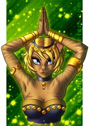  anthro belly_dancer blonde_hair blue_eyes breasts dancer_outfit domestic_cat felid feline felis female hair half_body jewelry mammal oracle_sphinx solo 