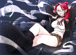  armored_core armored_core_6 arms_behind_head black_footwear black_jacket brown_footwear cigarette cinder_carla cocopeace crop_top earrings female glasses hair_bun highres jacket jewelry mole mole_under_mouth mouth_hold navel red_eyes red_hair shirt smoke solo white_shirt 