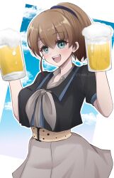  beer_mug black_shirt blue_eyes blush breasts brown_hair cloud cloudy_sky cowboy_shot cup day female grey_neckerchief grey_skirt hair_between_eyes high_side_ponytail highres intrepid_(kancolle) kantai_collection large_breasts looking_at_viewer mug neckerchief open_mouth ponytail ryouki_(ryoki_215) shirt short_hair short_sleeves skirt sky smile solo twitter_username white_background 