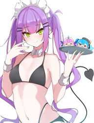  alternate_costume bikini black_bikini blush breasts center-flap_bangs closed_mouth colored_inner_hair commentary_request demon_girl demon_tail detached_collar double-parted_bangs ear_piercing earrings female green_eyes green_nails hair_between_eyes hair_ornament hairclip halterneck hand_up haseneko highres holding holding_tray hololive hoshimachi_suisei jewelry long_hair looking_at_viewer maid_headdress minato_aqua multi-strapped_bikini_bottom multicolored_hair multicolored_nails nail_polish navel navel_piercing oerba_yun_fang piercing pink_hair pointy_ears purple_hair purple_nails simple_background skin_fang small_breasts smile solo stomach streaked_hair swimsuit tail tokoyami_towa tray twintails virtual_youtuber white_background wrist_cuffs 