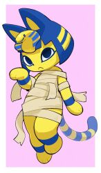  an-chan_(ananna0315) animal_crossing animal_ears ankha_(animal_crossing) bandages blue_hair border cat_ears cat_girl cat_tail egyptian female furry furry_female highres outside_border pink_background simple_background solo striped_tail tail white_border 