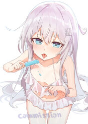  absurdres bikini bikini_skirt bikini_top_pull blue_eyes blush breasts cleavage female food frilled_bikini frills grey_hair hair_ornament hairclip hibiki_(kancolle) highres holding holding_food holding_popsicle kantai_collection long_hair looking_at_viewer melting popsicle simple_background small_breasts solo swimsuit tongue tongue_out white_background white_hair yakurope-moko 