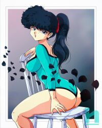  ass black_hair chair covered_nipples female green_leotard kunou_kodachi leotard long_hair looking_at_viewer looking_back ponytail purple_eyes ranma_1/2 saotome_nanda solo 