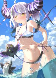  2girls absurdres ahoge bare_shoulders bikini black_hair blue_sky blush cloud commentary_request crow_(la+_darknesss) day demon_girl demon_horns ear_blush ear_piercing flat_chest frilled_bikini frills grey_hair hair_ornament halterneck highres hololive horns long_hair multicolored_hair multiple_girls navel open_mouth orca_costume outdoors piercing pointy_ears pulling_another&#039;s_clothes purple_hair sakamata_chloe side-tie_bikini_bottom sidelocks sky solo_focus star_(symbol) star_hair_ornament stomach streaked_hair striped_horns swimsuit syam_illust tail virtual_youtuber wading water white_bikini yellow_eyes 