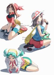  3girls ariekochan bandana blue_eyes blue_shirt breasts brown_hair bulbasaur full_body green_hair green_shorts hat highres jacket kneeling long_hair looking_at_viewer medium_breasts miniskirt multiple_girls pokemon pokemon_(creature) pokemon_frlg pokemon_gsc pokemon_rse red_bandana red_jacket red_shirt red_skirt shirt shorts simple_background skirt sleeveless sleeveless_shirt smile tongue tongue_out white_background white_hat white_jacket yellow_hat yellow_shorts 