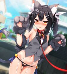  animal_ear_fluff animal_ears animal_hands bare_shoulders bell black_hair black_panties blue_ribbon blurry blurry_background blush breasts brown_eyes cat_ears cat_tail commentary_request fake_animal_ears fate/kaleid_liner_prisma_illya fate_(series) feather_hair_ornament feathers female gloves grey_gloves grey_vest hair_ornament hairclip jingle_bell long_hair looking_at_viewer lowleg lowleg_panties miyu_edelfelt miyu_edelfelt_(beast_style) navel neck_ribbon open_mouth panties paw_gloves ribbon small_breasts solo tail touchuu_kasou twintails underwear vest 