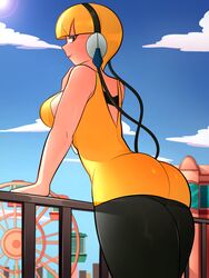  1girls absurd_res arkeus bangs black_eyes blonde_hair blunt_bangs dress elesa_(pokemon) female female_only headphones leaning_forward leaning_on_rail looking_at_viewer nintendo pantyhose pokemon pokemon_bw side_view solo solo_female thick_thighs 