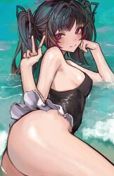  absurdres ass bare_arms black_hair black_one-piece_swimsuit breasts closed_mouth female hair_ornament hair_ribbon halo highres himemiya_rie long_hair looking_at_viewer lying medium_breasts multicolored_hair naokomama on_side one-piece_swimsuit phase_connect red_eyes red_halo ribbon smile solo streaked_hair swimsuit twintails v virtual_youtuber water 