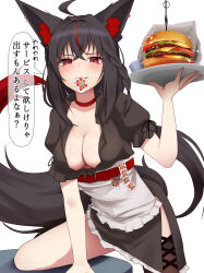  absurdres ahoge alternate_costume animal_ear_fluff animal_ears black_hair braid breasts burger cleavage collar female food fox_ears fox_girl fox_tail hair_between_eyes highres holding holding_tray hololive ketchup kurokami_fubuki long_hair micon partially_unbuttoned red_eyes shirakami_fubuki side_braid simple_background solo tail tray virtual_youtuber white_background 