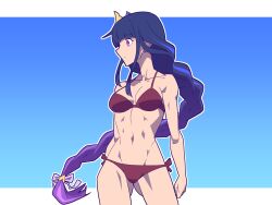  absurdres alternate_costume ass_visible_through_thighs bare_shoulders bikini blue_background border breasts cleavage cowboy_shot female genshin_impact hair_ornament hair_ribbon highres imtmcomics large_breasts long_braid long_hair navel purple_bikini purple_eyes purple_hair purple_ribbon raiden_shogun ribbon solo stomach swimsuit thighs toned_female white_border 