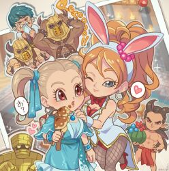  1other 2girls 4boys animal_ears aqua_hair biting biting_clothes blonde_hair blue_dress blue_eyes blue_ribbon bow bowtie bracelet breasts brown_hair character_name chest_harness cleavage coconut_cup commentary_request cup dark-skinned_male dark_skin dated_commentary dragon_quest dragon_quest_builders_2 dress earrings fake_animal_ears fake_tail female_builder_(dqb2) fishnets food food_on_face golem_(dragon_quest) gordon_(dqb2) hair_ribbon hand_on_own_hip hands_on_own_head harness heart high_heels high_ponytail holding holding_cup holding_food hoop_earrings horned_mask janis_(hainegom) jewelry large_breasts leg_up leotard long_hair looking_at_viewer low_ponytail mask masshimo_(dqb2) miruzu_(dqb2) multiple_boys multiple_bracelets multiple_girls muscular muscular_male nontraditional_playboy_bunny one_eye_closed orange_hair pero_(dqb2) pink_eyes pointy_ears rabbit_ears rabbit_tail red_bow red_bowtie red_eyes red_footwear red_leotard red_loincloth ribbon serge_(dqb2) short_hair sidoh_(dqb2) silver_earrings silver_necklace speech_bubble spiked_bracelet spiked_hair spikes spoken_heart tail topless_male twintails wrist_cuffs 