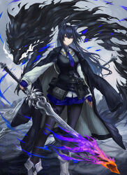  absurdres akana93 animal_ear_fluff animal_ears arknights black_cape black_coat black_hair black_pantyhose black_vest blue_gloves blue_necktie blue_shorts cape coat coat_on_shoulders collared_shirt feet_out_of_frame female fingerless_gloves flaming_sword flaming_weapon gloves highres holding holding_sword holding_weapon long_hair long_sleeves looking_at_viewer necktie pantyhose pantyhose_under_shorts shirt shorts solo standing sword texas_(arknights) texas_the_omertosa_(arknights) vest weapon white_shirt wolf_ears wolf_girl 