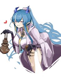  arknights black_gloves black_shorts blue_eyes blue_hair blue_horns choko_(cup) coat cup dragon_girl dragon_horns dragon_tail earrings female gloves gourd heart highres holding holding_gourd horns jewelry ling_(arknights) necktie pointy_ears shirt shorts taiiiyakiii tail tassel tassel_earrings thigh_strap white_coat white_shirt yellow_necktie 