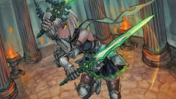  afk_(series) afk_journey armor armored_boots bare_shoulders black_dress boots brazier breasts choppy_bangs closed_mouth commentary_request dark-skinned_female dark_skin dress fantasy female fighting_stance fire gauntlets gloves glowing glowing_eyes glowing_weapon green_eyes grey_armor highres holding holding_weapon horns looking_at_viewer pillar sabamiso_taro short_hair silvina_(afk) solo stone_floor thighhighs torn_clothes torn_socks weapon white_hair 