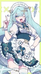  ;d absurdres alternate_costume apron aqua_nails aqua_pupils artist_logo blunt_bangs border bow bowtie breasts collar cowboy_shot cowlick dot_nose double-parted_bangs dress enmaided faruzan_(cafe)_(genshin_impact) faruzan_(genshin_impact) female frilled_collar frills genshin_impact green_border green_bow green_dress green_eyes hair_ornament hand_on_own_hip hand_up highres homare_(g_hmr88) l_hand legs_together light_blush long_hair maid maid_headdress medium_breasts multicolored_nails one_eye_closed open_mouth outline peter_pan_collar pointing pointing_up print_dress puffy_short_sleeves puffy_sleeves short_dress short_sleeves simple_background smile solo sparkling_aura standing symbol-shaped_pupils thighhighs tongue translated triangle-shaped_pupils twintails twisted_hair waist_apron waitress white_background white_bustier white_thighhighs wrist_cuffs x x_hair_ornament yellow_nails zettai_ryouiki 