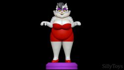  16:9 3d_(artwork) 3d_modeling 3d_print anthro black_background clothing digital_media_(artwork) dress eyes_yellow felid feline female footwear grey_body hi_res high_heels makeup mammal melira_(pibby) nails overweight red_clothing red_dress shoes sillytoys simple_background smile solo standing stripes widescreen 