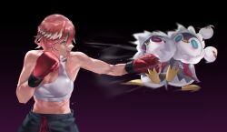  abs alternate_costume aragiken bare_shoulders blue_eyes blush boxing boxing_gloves breasts female hair_between_eyes hair_wings head_wings highres hololive large_breasts muscular muscular_female open_mouth pink_hair punching short_hair solo sweat takane_lui virtual_youtuber wings 