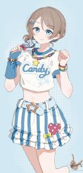  :q arm_warmers belt blue_arm_warmers blue_background blue_belt blue_eyes candy clothes_writing crop_top cropped_legs female food highres holding holding_candy holding_food holding_lollipop light_blush lollipop looking_at_viewer love_live! love_live!_sunshine!! midriff migolu navel shirt short_sleeves shorts simple_background single_arm_warmer solo star-shaped_buckle striped_clothes striped_shorts swirl_lollipop tongue tongue_out two-tone_shorts vertical-striped_clothes vertical-striped_shorts watanabe_you white_shirt white_shorts 