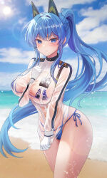  absurdres arm_between_breasts beach between_breasts bikini blue_bikini blue_eyes blue_hair blue_sky blurry blush bokeh braid breasts clenched_hands closed_mouth cloud cloudy_sky commentary_request day depth_of_field female gloves goddess_of_victory:_nikke hair_intakes hand_on_own_chest hand_up helm_(aqua_marine)_(nikke) helm_(nikke) high_ponytail highleg highleg_bikini highres large_breasts lens_flare long_hair looking_at_viewer medal micro_bikini navel ocean outdoors ppudang see-through see-through_shirt shirt side-tie_bikini_bottom sidelocks sky solo string_bikini swimsuit very_long_hair wet wet_clothes wet_shirt white_gloves white_shirt 