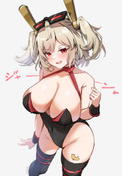  alternate_costume black_leotard blush breasts burnice_white cleavage collarbone cowboy_shot female hair_between_eyes highres large_breasts leotard light_brown_hair long_hair looking_at_viewer open_mouth red_eyes sidelocks smile solo standing teeth thighhighs thighs xlyami zenless_zone_zero 