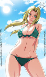  1girls belly_button big_breasts bikini bikini_bottom bikini_top blonde_hair blush breasts brown_eyes cleavage clothing female female_focus female_only forehead_mark foreskin fully_clothed g-string green_bikini green_panties green_thong jmc konohagakure_symbol large_breasts light-skinned_female light_skin lips lipstick looking_at_viewer mature mature_female milf naruto naruto_(classic) naruto_(series) naruto_shippuden panties pink_lips pink_lipstick pinup pose posing shounen_jump solo solo_female solo_focus standing swimsuit thighs thong tied_hair tsunade twintails underboob wide_hips 