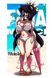  absurdres beach beach_umbrella bikini black_hair breasts character_name cleavage closed_umbrella curvy day extra_mouth female filia_(skullgirls) food full_body highres holding ice_cream large_breasts long_hair looking_at_viewer navel ocean outdoors palm_tree pigeon-toed pink_umbrella popsicle prehensile_hair red_eyes sandals side-tie_bikini_bottom skullgirls solo standing summer sunglasses swimsuit thick_thighs thighs tree twitter_username umbrella very_long_hair vicdezart white_bikini wide_hips 