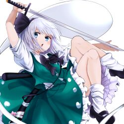  arm_up black_bow black_bowtie black_hairband black_ribbon black_shoes blue_eyes bow bowtie chikuwa_savy commentary_request female frilled_skirt frills green_skirt green_vest hair_ribbon hairband hitodama holding holding_sword holding_weapon katana knees_up konpaku_youmu konpaku_youmu_(ghost) long_skirt looking_at_viewer looking_up loose_socks mary_janes outstretched_arm parted_lips puffy_short_sleeves puffy_sleeves ribbon shirt shoes short_hair short_sleeves simple_background skirt skirt_set socks solo sword touhou vest weapon white_background white_hair white_shirt white_socks 