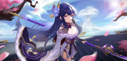  absurdres blue_sky blunt_bangs branch breasts bridal_gauntlets clothing_cutout cloud cloudy_sky commentary engulfing_lightning_(genshin_impact) female genshin_impact hair_ornament highres holding holding_polearm holding_weapon japanese_clothes kimono lingerie looking_at_viewer magnister mitsudomoe_(shape) neck_ribbon off_shoulder outdoors polearm purple_eyes purple_hair purple_kimono purple_thighhighs raiden_shogun red_ribbon red_sash ribbon sash shoulder_cutout sky solo standing sun thighhighs tomoe_(symbol) tree underwear upper_body weapon 
