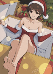  absurdres arm_warmers barefoot box breasts brown_eyes brown_hair christmas christmas_present christmas_tree cleavage commentary_request dress female gift hat highres in_box in_container indoors kasugano_sakura looking_at_viewer medium_breasts muted_color parted_lips santa_costume santa_dress santa_hat short_dress short_hair sitting smile solo street_fighter tyanoki very_short_hair 