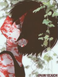  1boy black_eyes black_hair black_tank_top blood blood_on_face closed_mouth colored_skin commentary_request from_side highres kauchi_(kani10cauchi) male_focus omori omori_(omori) short_hair solo tank_top twitter_username upper_body white_skin 