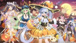  5girls :d ^_^ animal_ears artist_collaboration artist_request bandages bare_shoulders bat_(animal) belt black_belt black_thighhighs blue_eyes blue_hair blush breasts candy cat_ears cezanne_(girls_creation) character_request claw_pose cleavage closed_eyes closed_mouth colored_inner_hair commentary_request dress evening food game_cg garter_straps ghost girls_creation gogh_(girls_creation) green_hair hair_between_eyes hair_ornament hairclip halloween halloween_bucket halloween_costume hands_up happy_halloween hat highres holding huge_breasts jack-o'-lantern large_breasts lollipop long_hair long_hair_between_eyes looking_at_viewer michelangelo_(girls_creation) miniskirt moon multicolored_hair multiple_girls mummy_costume naked_bandage nauribon navel off_shoulder official_art open_mouth outdoors pencil_skirt pleated_skirt police police_badge police_uniform policeman policewoman pumpkin purple_eyes purple_hair ribbon side_slit skirt smile standing sunset swirl_lollipop thighhighs thighs tree trick_or_treat tsurime twintails two_side_up underboob underbust very_long_hair witch witch_hat 