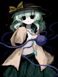  black_background black_hat commentary_request contrast_collar female green_hair green_skirt hair_between_eyes hat hat_ribbon heripantomorrow komeiji_koishi long_hair navel open_clothes open_shirt ribbon shirt simple_background skirt solo sweatdrop third_eye touhou yellow_ribbon yellow_shirt 