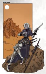  artist_name belt black_gloves breasts brown_belt cleavage commentary commission dark-skinned_female dark_elf dark_skin elf english_commentary female fingerless_gloves gloves grey_hair grin highres ho-uja holding holding_weapon medium_breasts mole mole_on_breast multiple_belts original pointy_ears ponytail red_eyes rock sand short_hair sitting smile solo sun sword weapon 