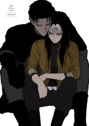  1boy batman batman_(series) black_bodysuit black_gloves black_hair blue_eyes bodysuit breasts bruce_wayne closed_mouth commentary_request dc_comics father_and_daughter female genderswap_(mtf) ghksxodh gloves highres jacket jason_todd korean_commentary korean_text long_hair long_sleeves looking_down multicolored_bodysuit multicolored_hair muscular muscular_male red_hood_(dc) red_hood_and_the_outlaws rule_63 short_hair simple_background streaked_hair superhero_costume taut_bodysuit translation_request two-tone_bodysuit white_hair 