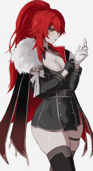  absurdres adjusting_clothes adjusting_gloves black_gloves black_jacket black_thighhighs breasts cleavage closed_mouth commentary english_commentary female gloves highres indie_virtual_youtuber jacket large_breasts long_hair meibin military_uniform ponytail red_hair sidelocks thigh_strap thighhighs virtual_youtuber white_background white_gloves yellow_eyes zentreya zentreya_(commander) 