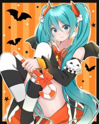  aqua_eyes aqua_hair bat_(animal) bat_wings black_border border bow candy candy_cane closed_mouth commentary_request detached_sleeves eyelashes female food halloween hatsune_miku highres holding holding_candy holding_candy_cane holding_food long_hair multicolored_thighhighs orange_background orange_bow sitting smile solo star_(symbol) striped_clothes striped_thighhighs supo01 thighhighs twintails two-tone_thighhighs vertical-striped_background very_long_hair vocaloid wings 