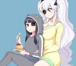  animal_hood black_hair black_pajamas blunt_bangs blush breasts cake cat_hood cleavage commentary_request eyepatch flat_chest food fork hair_between_eyes hand_on_another's_waist highres holding holding_plate hood jeaike_art large_breasts long_hair looking_at_another mirai_(senran_kagura) pajamas plate red_eyes senran_kagura senran_kagura_shoujo-tachi_no_shin'ei shuriken_hair_ornament sidelocks smile strawberry_shortcake twintails white_hair yagyu_(senran_kagura) yellow_pajamas 