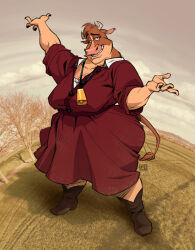  2026 anthro anthrofied boots bovid bovine breasts cattle cleavage clothed clothing cowbell cowboy_boots disney dress female footwear full-length_portrait grin hi_res home_on_the_range horn maggie_(home_on_the_range) mammal portrait shoes silverscarf smile solo 