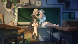  2girls absurdres analog_clock aqua_bow aqua_bowtie aqua_hair black_boots black_gloves black_hairband black_jacket boots bow bowtie buttons chair chalkboard classroom clock commentary_request couple dated desk double-breasted eye_contact firefly_(honkai:_star_rail) firefly_(spring_missive)_(honkai:_star_rail) foot_dangle full_body gloves gradient_hair grey_hair grey_sailor_collar grey_skirt hair_ornament hairband high_heel_boots high_heels highres holding_another's_wrist holding_hands honkai:_star_rail honkai_(series) indoors jacket long_hair looking_at_another multicolored_hair multiple_girls no_shoes official_alternate_costume on_desk open_clothes open_jacket overgrown parted_lips plaid_bow plaid_bowtie plaid_clothes plaid_skirt purple_eyes sailor_collar school_chair school_desk school_uniform serafuku shirt signature single_bare_foot single_glove single_thighhigh sitting skirt smile speaker stelle_(honkai:_star_rail) stuppeter sunlight thigh_strap thighhighs trailblazer_(honkai:_star_rail) wall_clock white_shirt yellow_eyes yokozuwari yuri 