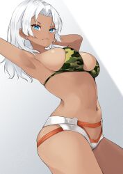  bikini blue_eyes breasts camouflage camouflage_bikini closed_mouth commentary_request dark-skinned_female dark_skin elma_(xenoblade_x) female gloves highres kuro_(be_ok) long_hair looking_at_viewer navel simple_background smile solo swimsuit white_background white_hair xenoblade_chronicles_(series) xenoblade_chronicles_x 
