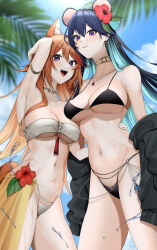  2girls absurdres animal_ear_fluff animal_ears armpits beach bikini black_bikini black_hair black_jacket blue_hair breasts brown_hair character_request cleavage closed_mouth cloud collarbone colored_inner_hair commentary_request commission earrings flower fox_ears fox_girl fox_tail hair_flower hair_ornament highres indie_virtual_youtuber jacket jewelry long_hair multicolored_hair multiple_girls navel necklace open_mouth palm_leaf purple_eyes red_flower rinnexus skeb_commission sky smile stomach swimsuit tail tassel tropical virtual_youtuber white_bikini ymr_yamero 