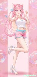 :3 absurdres alternate_costume animal_ear_fluff animal_ears blonde_hair blunt_bangs blush bow braid breasts camisole cat_ears cat_tail cleavage colored_inner_hair commentary_request crop_top dolphin_shorts drawstring female fingerless_gloves full_body gloves hair_ornament hair_over_shoulder hairbow hairclip high_heel_sandals highres indie_virtual_youtuber looking_at_viewer medium_breasts midriff multicolored_hair navel open_mouth paw_pose pink_background pink_eyes pink_hair pink_shorts ribbon sandals shorts smile solo standing standing_on_one_leg star_(symbol) star_hair_ornament tail tail_ornament tail_ribbon toenails toes twin_braids twitter_username two-tone_hair two_side_up v virtual_youtuber wajuniorbox white_camisole white_sandals yuuki_sakuna 