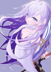  ahoge bare_shoulders black_thighhighs breasts commentary_request female from_above grey_background hair_between_eyes heterochromia highres holding holding_sword holding_weapon japanese_clothes katana kimono long_hair murasaki_(reverseblue) nietzsche_ssss parted_lips purple_eyes purple_hair red_eyes reverseblue_x_re-birthend small_breasts solo sword thighhighs very_long_hair weapon 