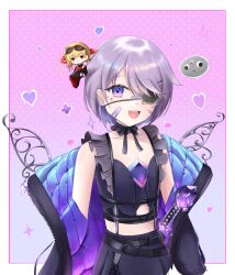  2girls ? absurdres bandaid bandaid_on_cheek bandaid_on_face black_jacket black_shirt black_skirt border chest_jewel eyepatch gem harveythenerdy hashtag-only_commentary heart highres hololive hololive_english jacket jacket_partially_removed jewel_under_eye kaela_kovalskia koseki_bijou koseki_bijou_(casual) looking_at_viewer mini_person mini_person_on_head minigirl multiple_girls official_alternate_costume official_alternate_hairstyle one_eye_covered open_mouth outside_border parted_bangs pebble_(koseki_bijou) pink_background purple_eyes purple_gem purple_hair shirt short_hair skirt sleeveless sleeveless_shirt smile solo_focus sword tomato_(sword) virtual_youtuber weapon white_border 