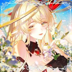  absurdres alice_(genshin_impact) black_gloves blonde_hair blue_sky breasts commentary_request female flower genshin_impact gloves hat highres holding holding_flower large_breasts long_hair looking_at_viewer pointy_ears sky solo upper_body very_long_hair white_flower yan_yumo yellow_eyes 