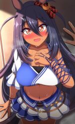  against_wall animal_ears asymmetrical_sleeves black_hair blush breasts breath cleavage commentary_request cowboy_shot cropped_shirt dark-skinned_female dark_skin ear_scrunchie female hair_between_eyes hair_ornament hairclip hand_on_wall hand_up highres hishi_amazon_(azure_amazon)_(umamusume) hishi_amazon_(umamusume) horse_ears kabedon large_breasts long_hair looking_at_viewer midriff miniskirt navel nose_blush oerba_yun_fang open_mouth pov pov_hands sayossa_(pak-front) scrunchie shirt skirt solo_focus stomach straight-on sweat two_side_up umamusume very_long_hair wide-eyed 