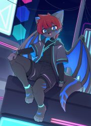  2026 absurd_res anthro biped bottomwear claws clothed clothed_anthro clothed_male clothing devil-vox digital_drawing_(artwork) digital_media_(artwork) dragon feet fingers front_view fully_clothed fully_clothed_anthro fully_clothed_male fur hair hi_res looking_at_viewer male mythological_creature mythological_scalie mythology night outside scalie sitting sky smile solo star stripes tail teeth toes tongue topwear wings 