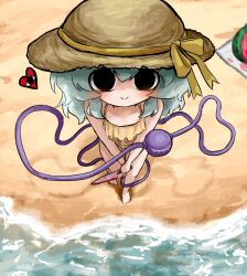  barefoot beach black_eyes blood blood_on_knife closed_mouth commentary_request female food from_above fruit green_hair hat hat_ribbon heart heripantomorrow holding holding_knife knife komeiji_koishi light_blush medium_hair ocean ribbon smile solo standing straw_hat swimsuit third_eye touhou watermelon yellow_ribbon 