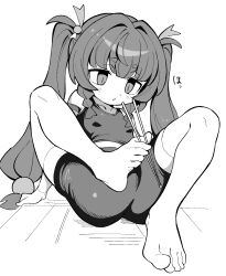  barefoot breasts chopsticks feet female full_body greyscale hair_ornament highres holding holding_chopsticks holding_with_feet ketsu_juuji_killer_(kejuki) long_hair looking_down monochrome open_mouth qingyi_(zenless_zone_zero) shorts sitting small_breasts solo sphere_hair_ornament tank_top toes twintails white_background zenless_zone_zero 